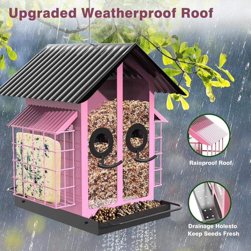 FlowaFoli Bird Feeders for Outdoors, Metal Bird Feeder with Double Suet Cage Weatherproof Metal Roof, 2 in 1 Mixed Seeds Suet Feeder, 4Lbs Large Capacity, Great for Finch、Cardinal、Chickadee（Pink） - Image 5